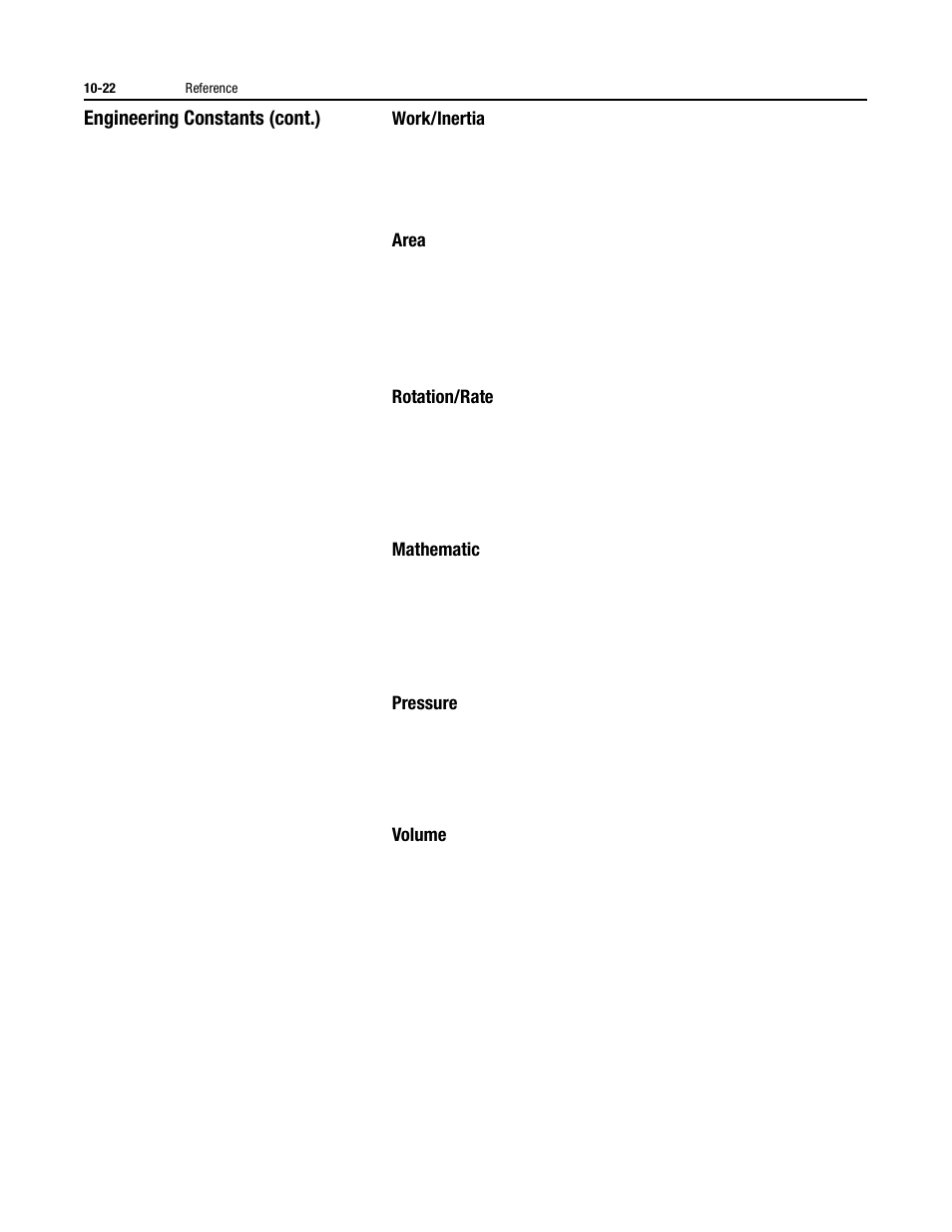 Work/inertia, Area, Rotation/rate | Mathematic, Pressure, Volume, Engineering constants (cont.) | Rockwell Automation 150 MNL/SMC DIALOG+/APP-PROD GUIDE User Manual | Page 184 / 202