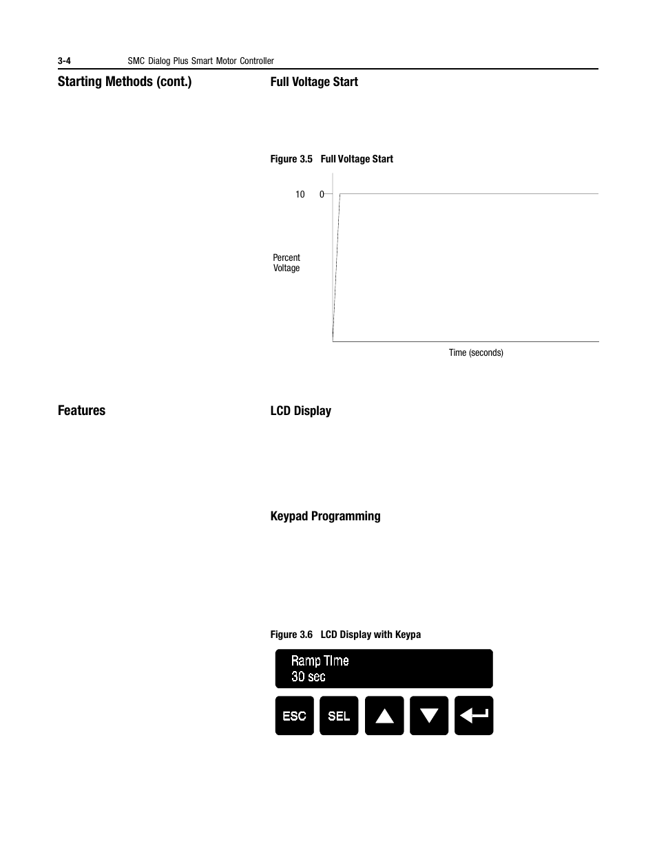 Features, Full voltage start, Chapter 3 (cont.) | Lcd display, Keypad programming, Starting methods (cont.) | Rockwell Automation 150 MNL/SMC DIALOG+/APP-PROD GUIDE User Manual | Page 41 / 202