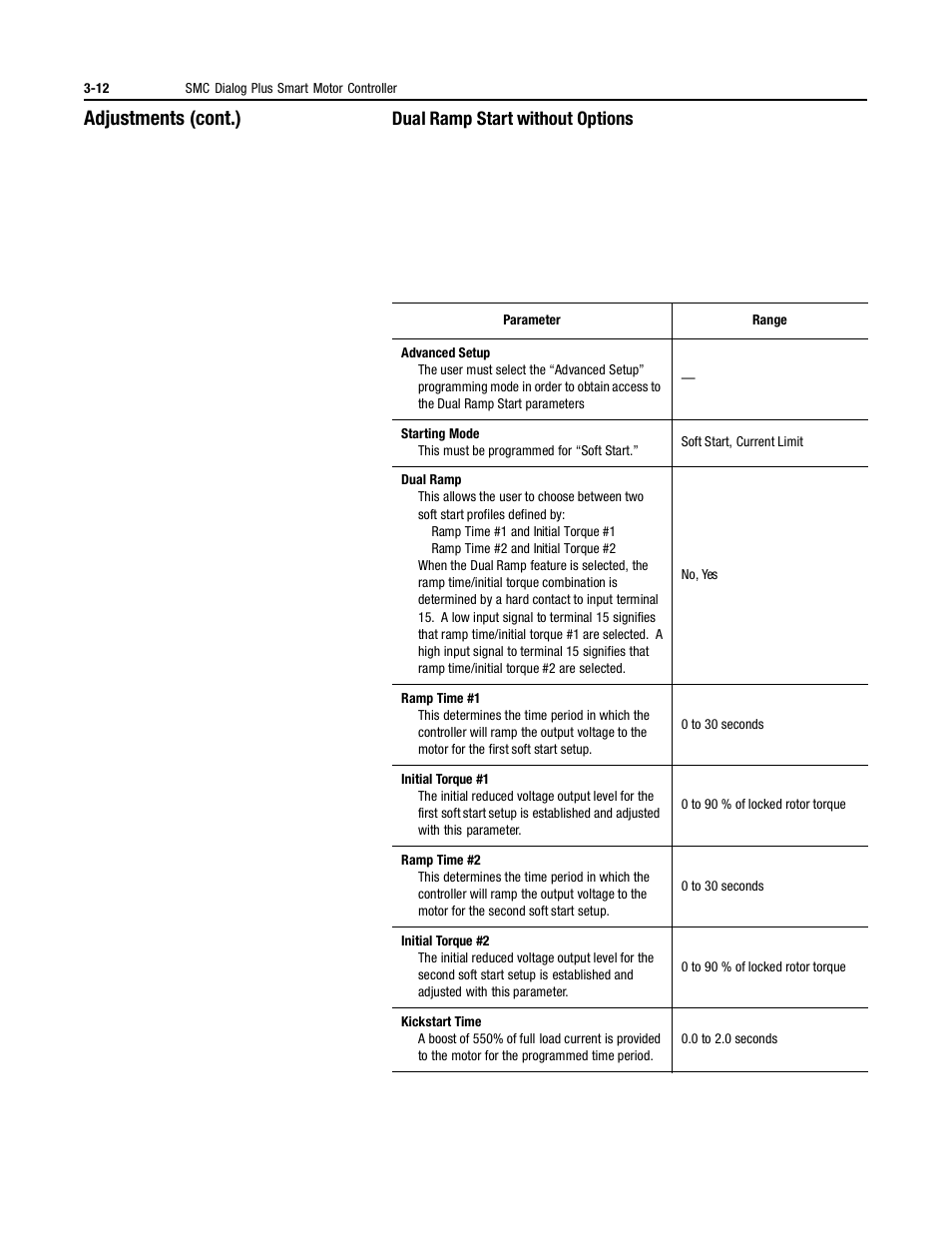 Dual ramp start without options, Adjustments (cont.) | Rockwell Automation 150 MNL/SMC DIALOG+/APP-PROD GUIDE User Manual | Page 49 / 202