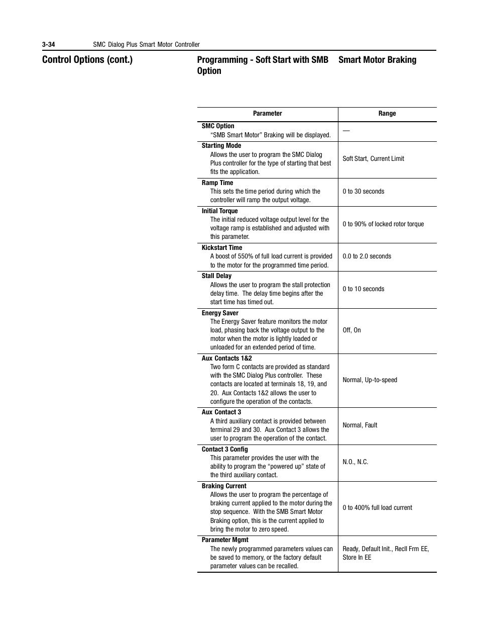 Programming - soft start with smb smart motor, Braking option, Control options (cont.) | Rockwell Automation 150 MNL/SMC DIALOG+/APP-PROD GUIDE User Manual | Page 71 / 202