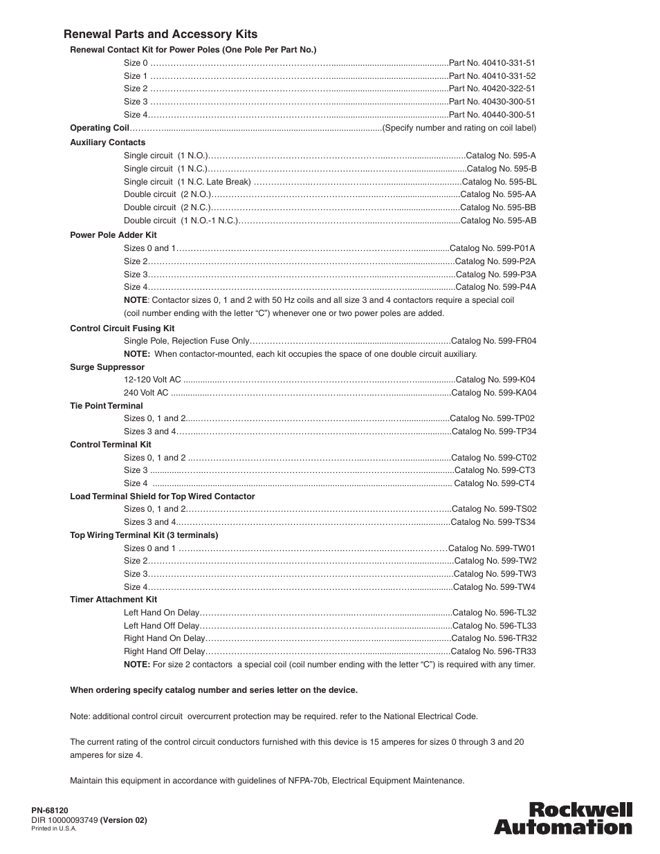 Renewal parts and accessory kits | Rockwell Automation 500F-xOD930 Contactor Installation User Manual | Page 2 / 2