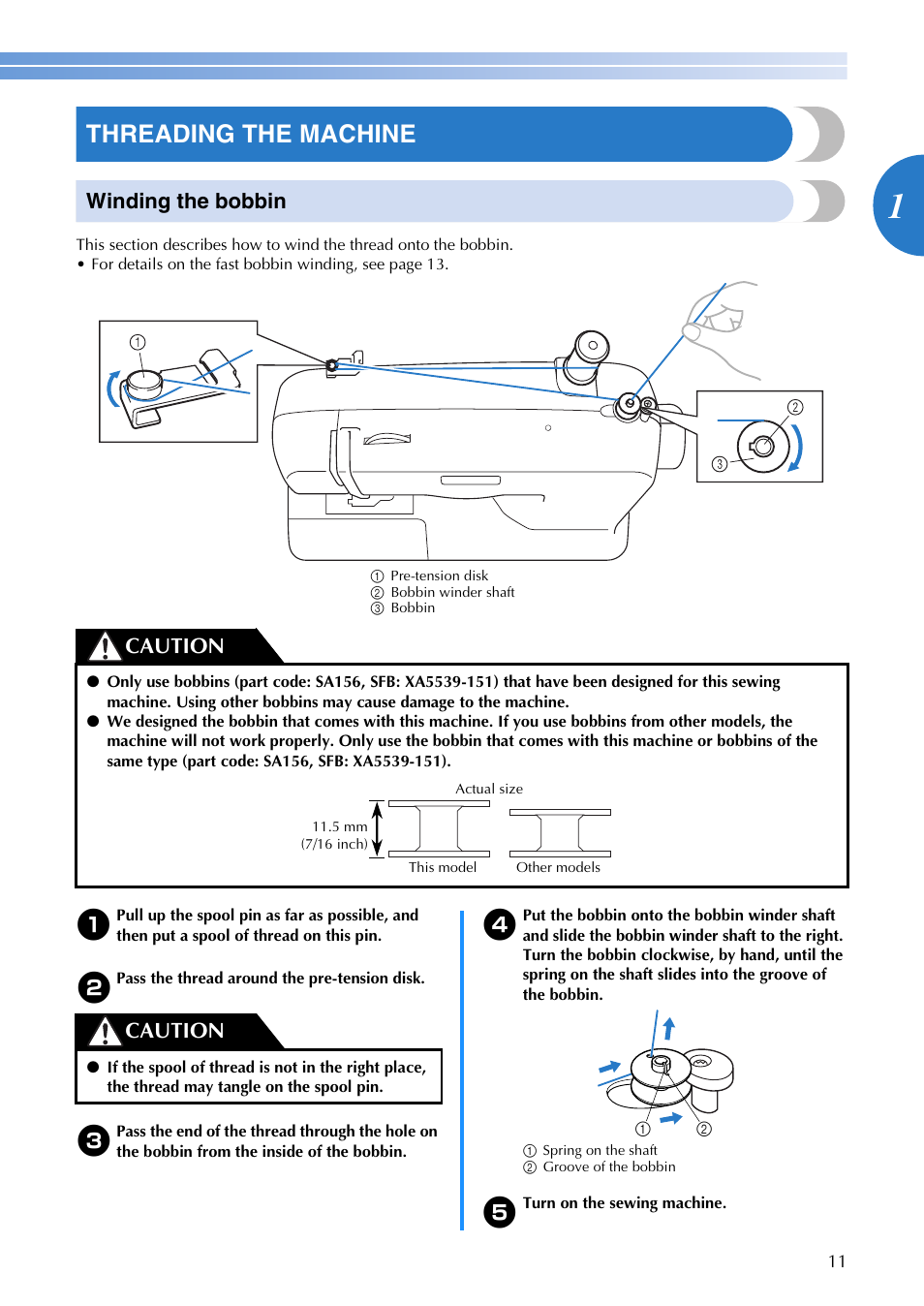 Threading the machine, Winding the bobbin, Caution | Brother UM BC 1000 User Manual | Page 12 / 66