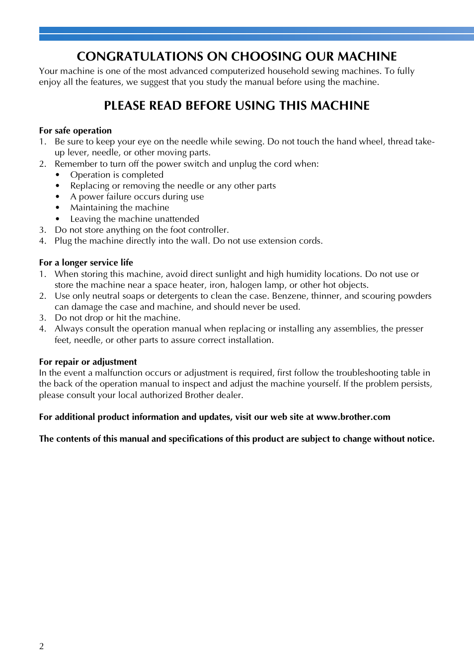 Please read before using this machine | Brother UM BC 1000 User Manual | Page 3 / 66