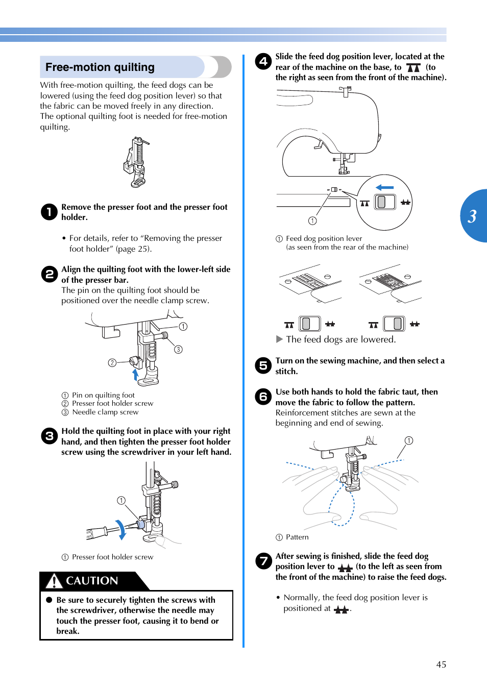 Free-motion quilting, Caution | Brother UM BC 1000 User Manual | Page 46 / 66
