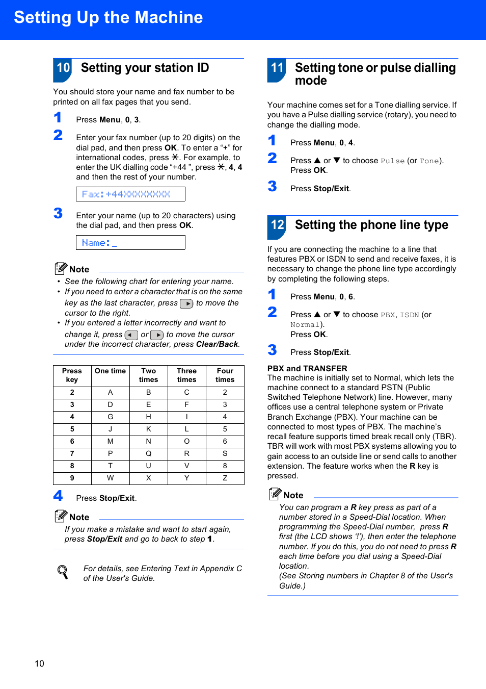 10 setting your station id, 11 setting tone or pulse dialling mode, 12 setting the phone line type | Setting up the machine, Name | Brother FAX-1560 User Manual | Page 12 / 18