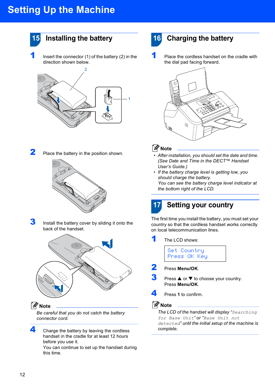 15 installing the battery, 16 charging the battery, 17 setting your country | Setting up the machine, Set country press ok key | Brother FAX-1560 User Manual | Page 14 / 18