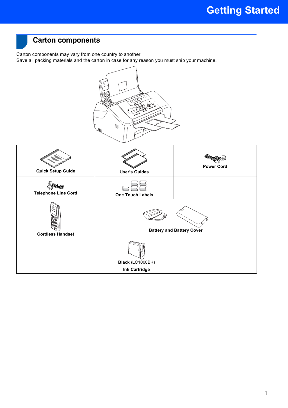 Getting started, Carton components, Quick setup guide | User’s guides, Power cord, Telephone line cord, One touch labels, Cordless handset, Battery and battery cover, Black (lc1000bk) ink cartridge | Brother FAX-1560 User Manual | Page 3 / 18