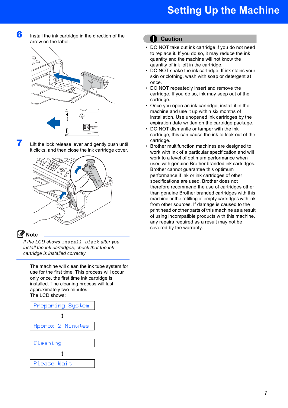 Setting up the machine, Preparing system, Approx 2 minutes | Cleaning, Please wait, Caution | Brother FAX-1560 User Manual | Page 9 / 18