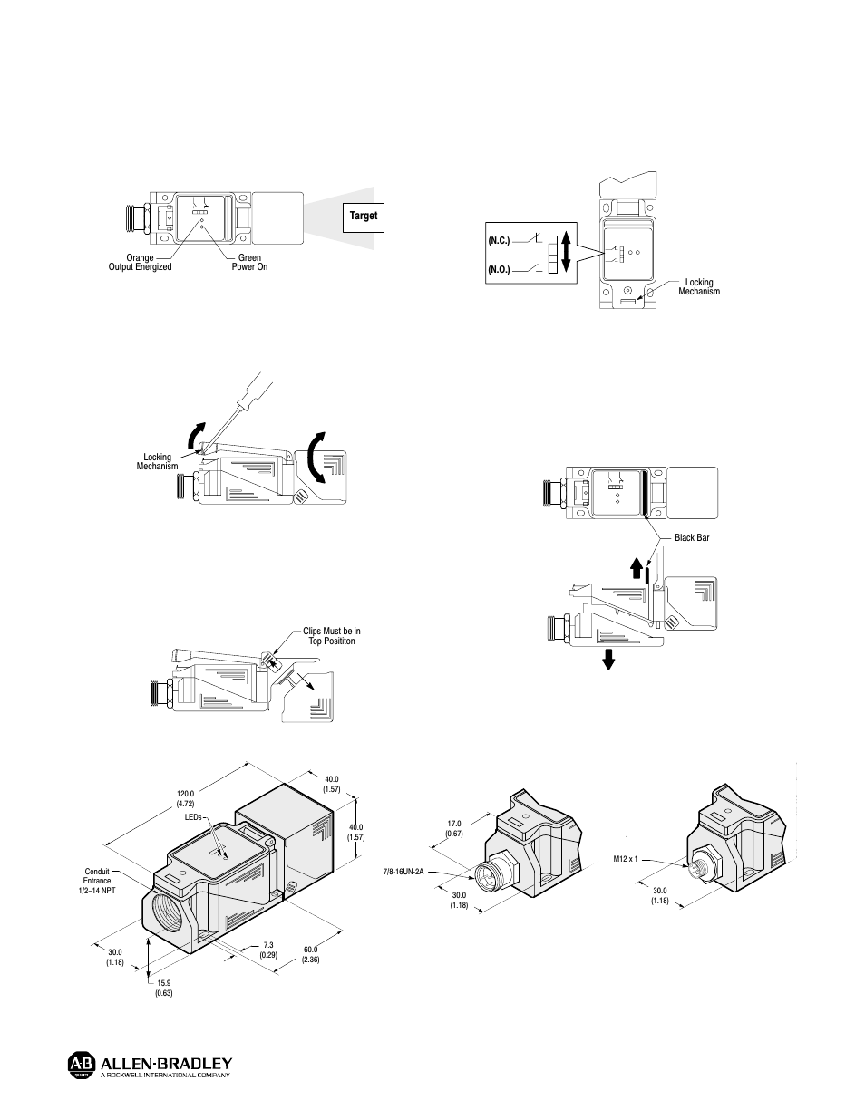 Installation, Dimensions — mm (inches) | Rockwell Automation 871L AC/DC Limit Switch Style Inductive User Manual | Page 2 / 2