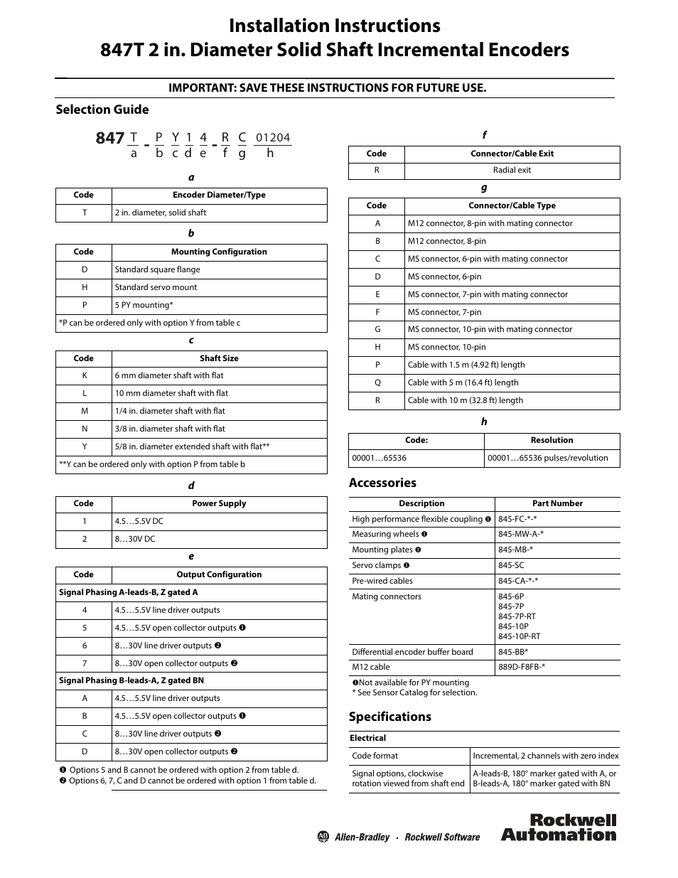 Rockwell Automation 847T 2 in. Diameter Solid Shaft Incremental Encoders User Manual | 4 pages