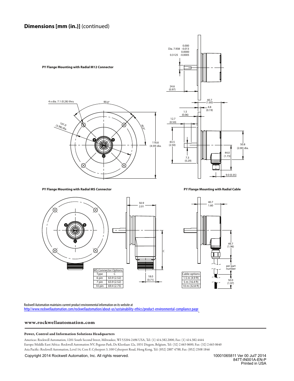 Dimensions [mm (in.)] (continued) | Rockwell Automation 847T 2 in. Diameter Solid Shaft Incremental Encoders User Manual | Page 4 / 4