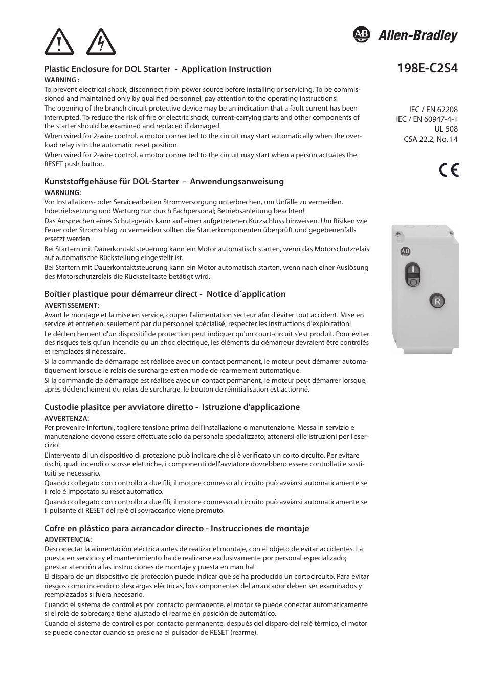 Rockwell Automation 198E-C2S4 Plastic Encl. for DOL Starter User Manual | 4 pages