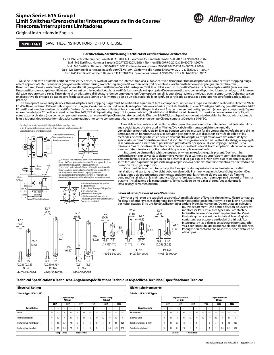 Rockwell Automation 440S Sigma Series 615 Group I/Limit Switches User Manual | 2 pages