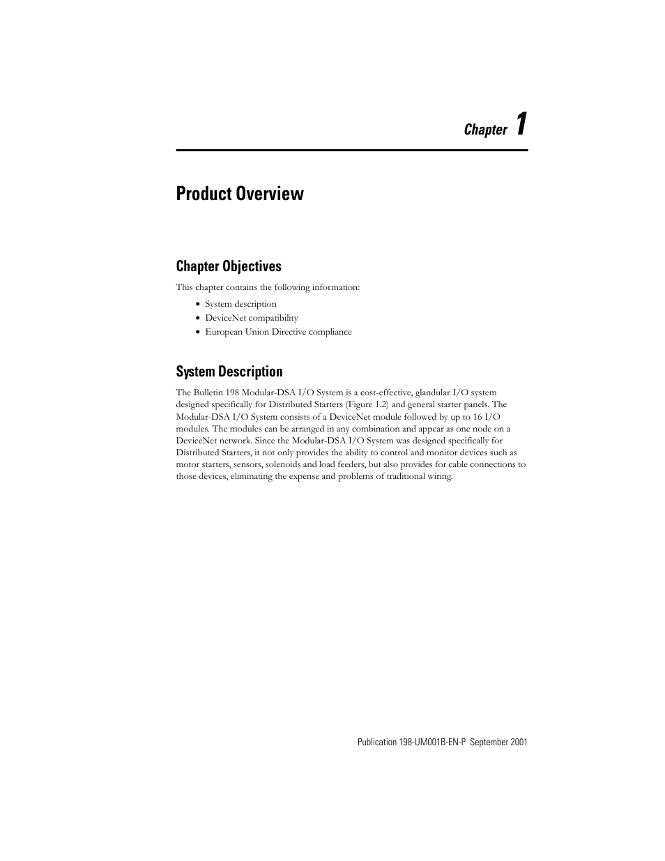 Chapter 1 - product overview, Chapter objectives, System description | Chapter 1 — product overview, Chapter objectives -1 system description -1, Product overview | Rockwell Automation 198x Modular DeviceNet Starter Auxiliary I/O User Manual | Page 10 / 164