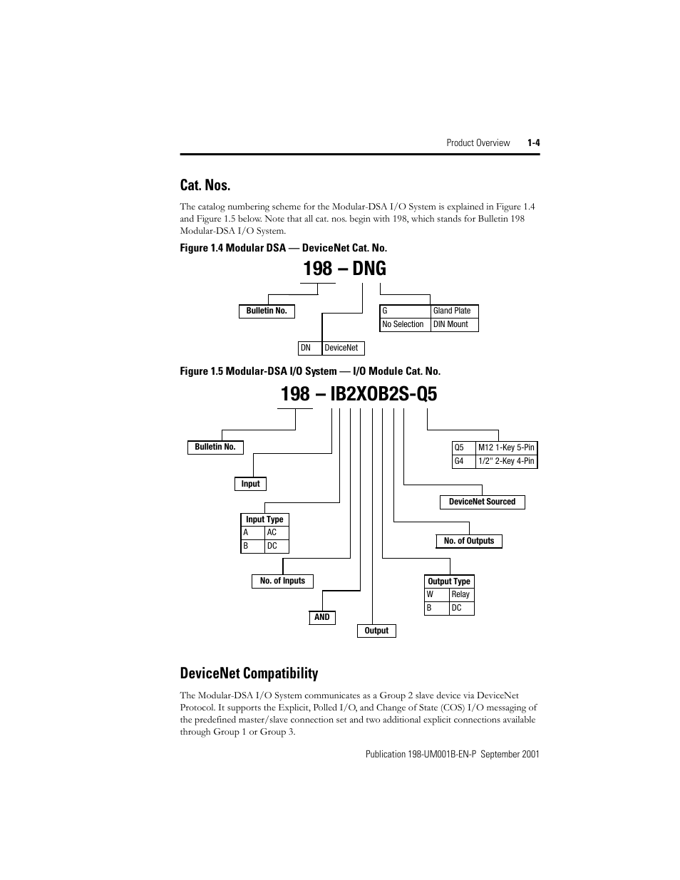 Cat. nos, Devicenet compatibility, Cat. nos -4 devicenet compatibility -4 | 198 – dng | Rockwell Automation 198x Modular DeviceNet Starter Auxiliary I/O User Manual | Page 13 / 164