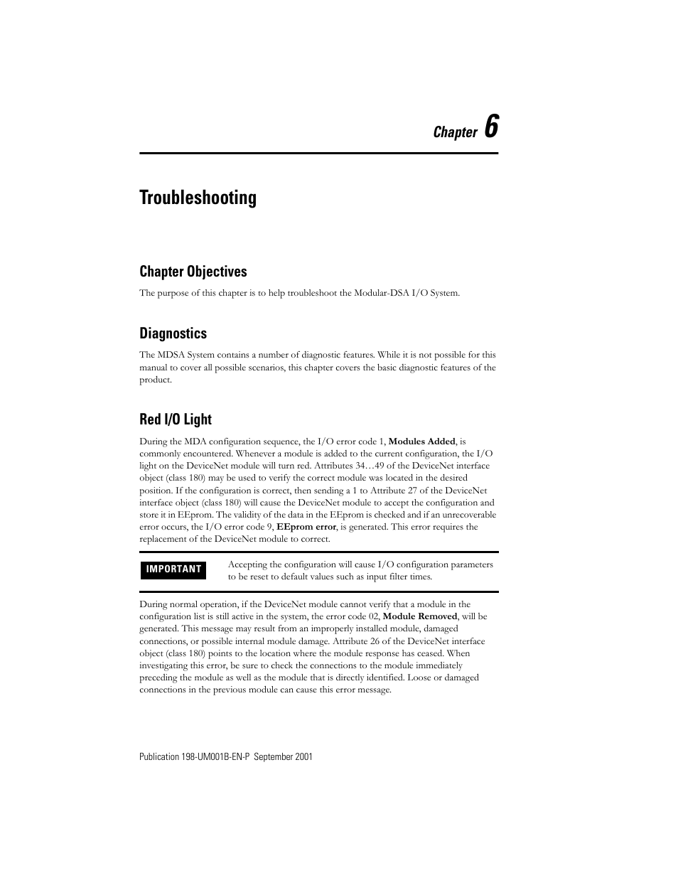 Chapter 6 - troubleshooting, Chapter objectives, Diagnostics | Red i/o light, Chapter 6 — troubleshooting, Troubleshooting | Rockwell Automation 198x Modular DeviceNet Starter Auxiliary I/O User Manual | Page 137 / 164