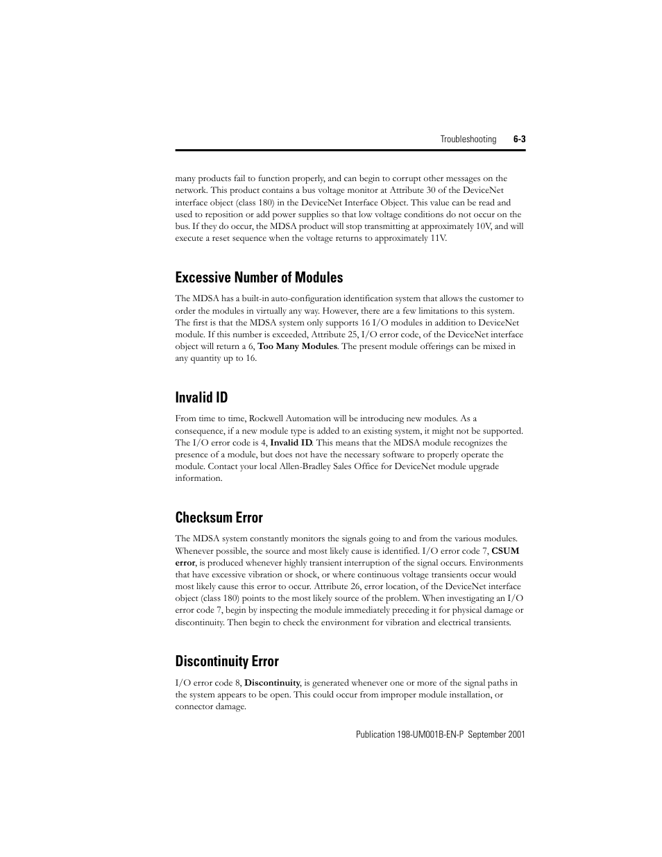 Excessive number of modules, Invalid id, Checksum error | Discontinuity error | Rockwell Automation 198x Modular DeviceNet Starter Auxiliary I/O User Manual | Page 139 / 164