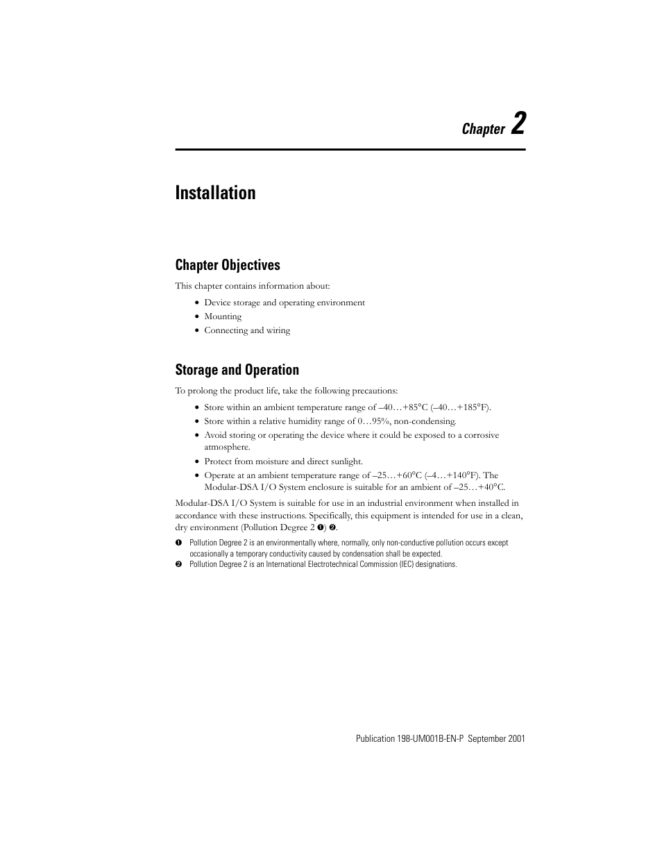 Chapter 2 - installation, Chapter objectives, Storage and operation | Chapter 2 — installation, Chapter objectives -1 storage and operation -1, Installation, Chapter | Rockwell Automation 198x Modular DeviceNet Starter Auxiliary I/O User Manual | Page 14 / 164