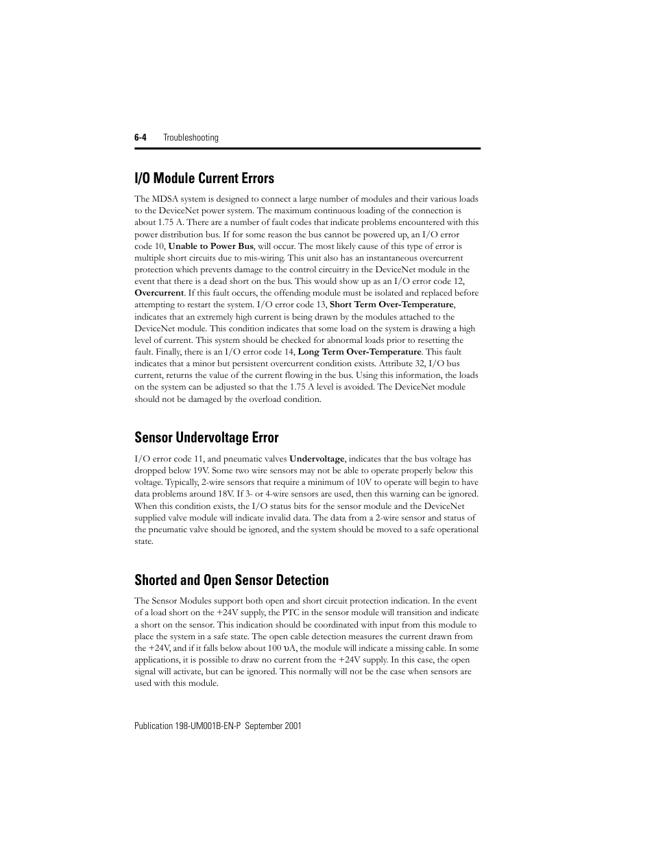 I/o module current errors, Sensor undervoltage error, Shorted and open sensor detection | I/o module current errors -4 | Rockwell Automation 198x Modular DeviceNet Starter Auxiliary I/O User Manual | Page 140 / 164