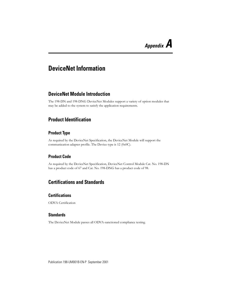 Appendix a - devicenet information, Devicenet module introduction, Product identification | Product type, Product code, Certifications and standards, Certifications, Standards, Appendix a — devicenet information, Devicenet information | Rockwell Automation 198x Modular DeviceNet Starter Auxiliary I/O User Manual | Page 141 / 164