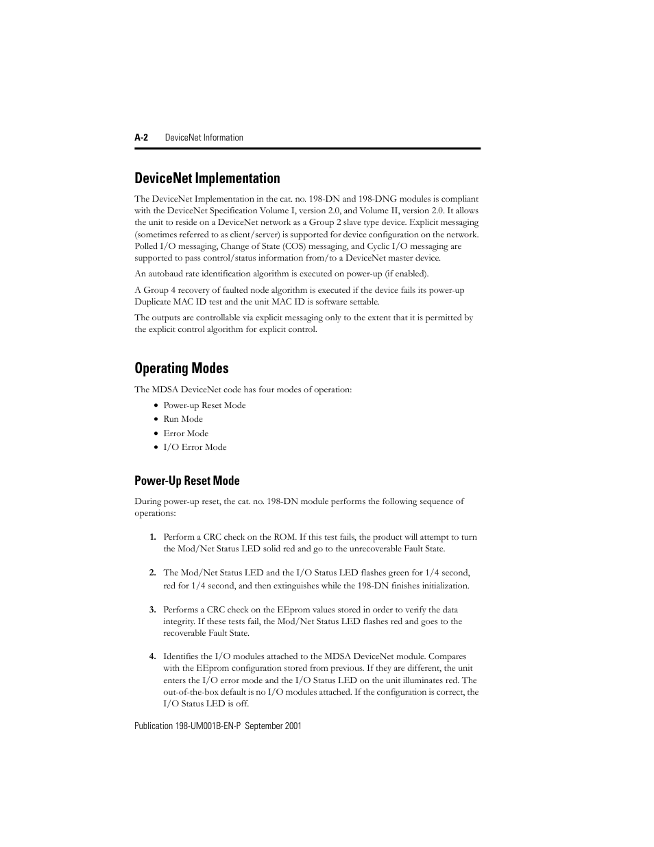 Devicenet implementation, Operating modes, Power-up reset mode | Rockwell Automation 198x Modular DeviceNet Starter Auxiliary I/O User Manual | Page 142 / 164