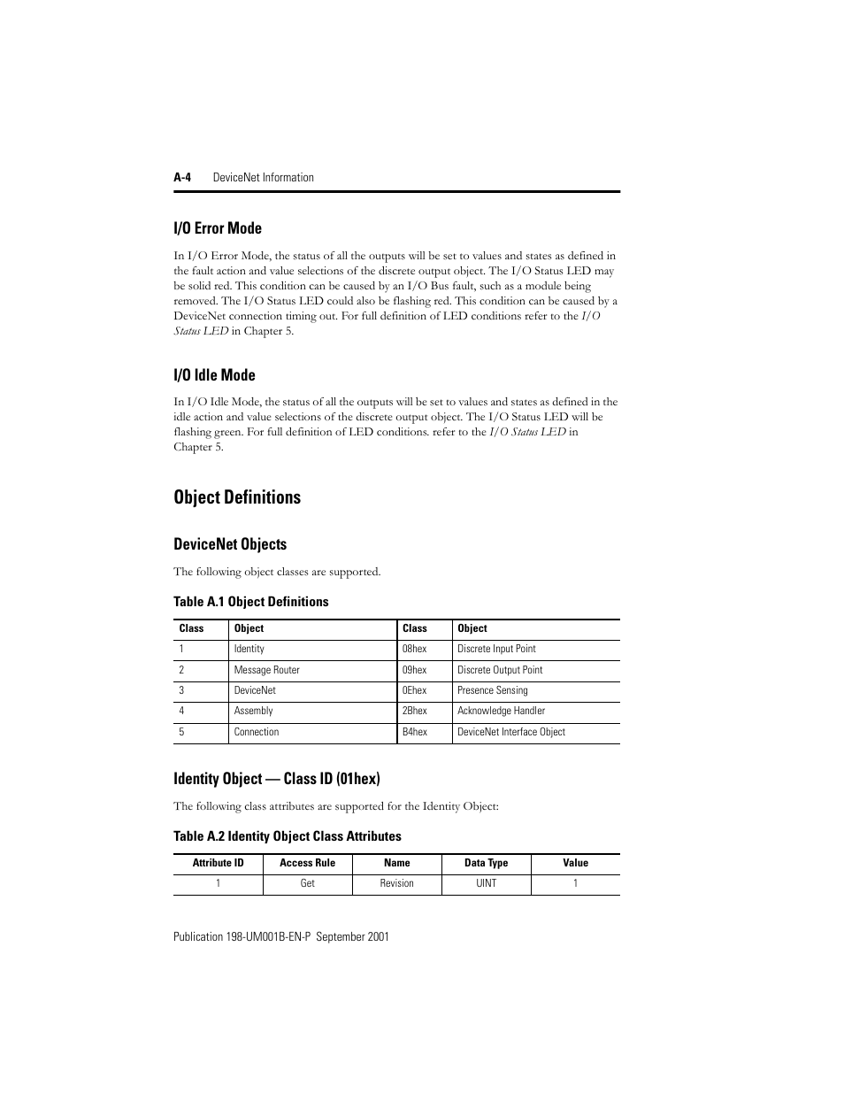 I/o error mode, I/o idle mode, Object definitions | Devicenet objects, Identity object— class id (01hex), Identity object — class id (01hex) | Rockwell Automation 198x Modular DeviceNet Starter Auxiliary I/O User Manual | Page 144 / 164