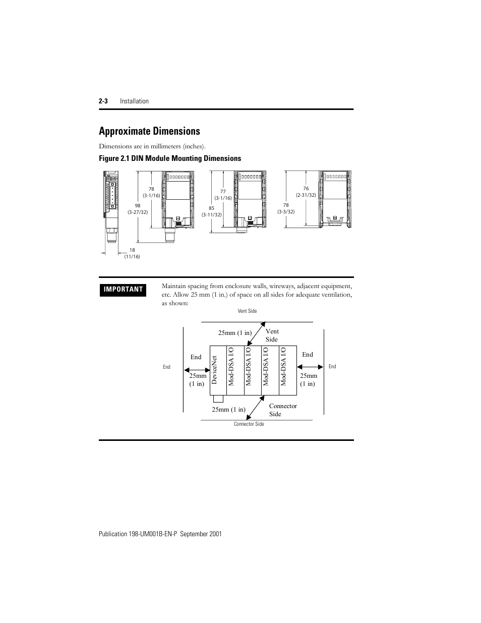 Approximate dimensions, Approximate dimensions -3 | Rockwell Automation 198x Modular DeviceNet Starter Auxiliary I/O User Manual | Page 16 / 164