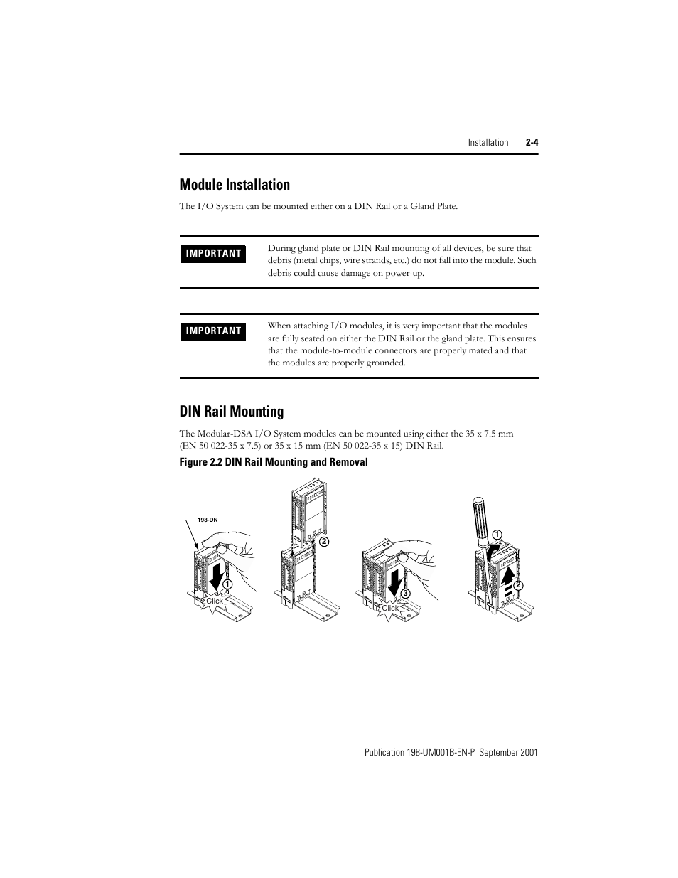 Module installation, Din rail mounting, Module installation -4 din rail mounting -4 | Rockwell Automation 198x Modular DeviceNet Starter Auxiliary I/O User Manual | Page 17 / 164
