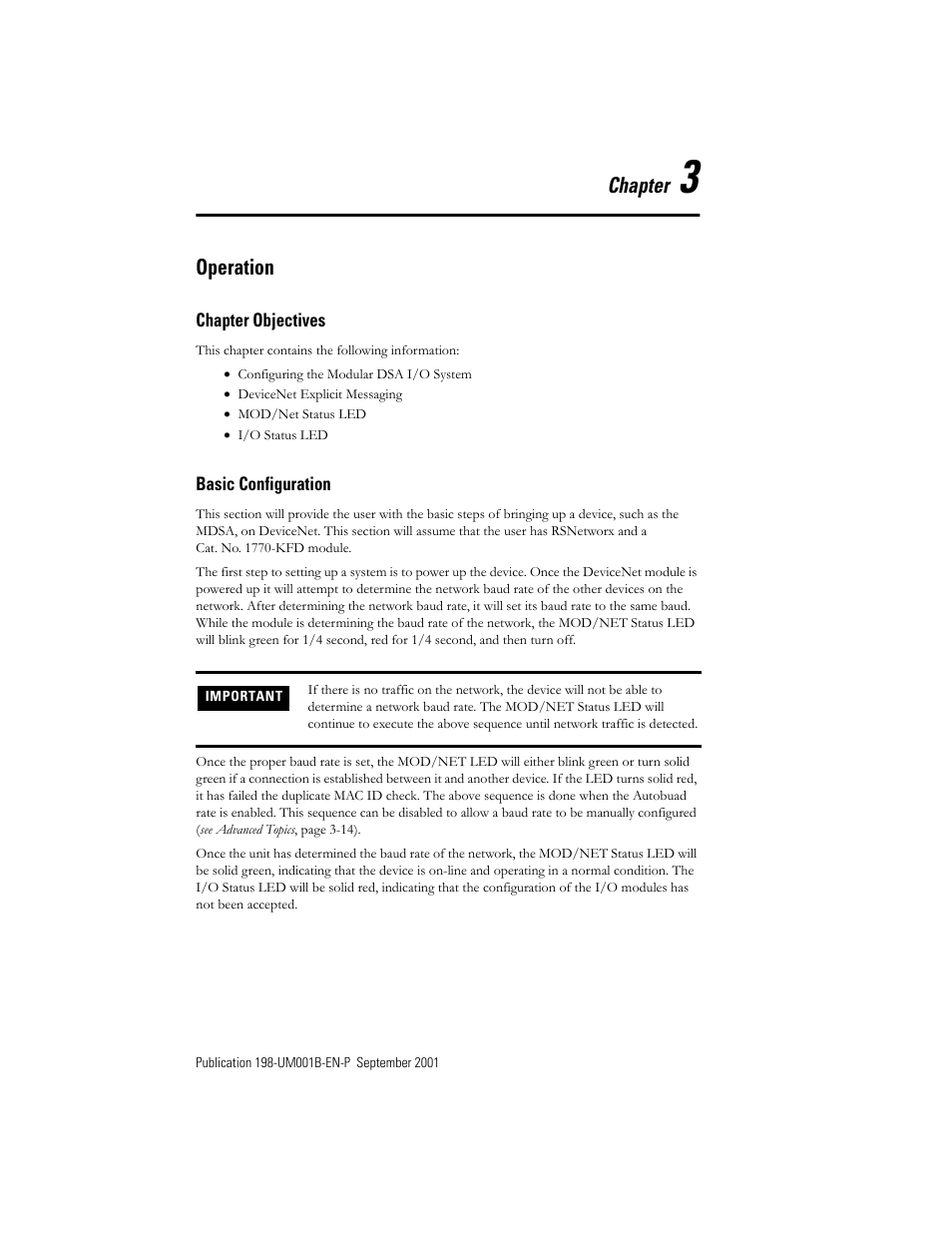 Chapter 3 - operation, Operation, Chapter objectives | Basic configuration, Chapter 3 —operation, Chapter objectives -1 basic configuration -1 | Rockwell Automation 198x Modular DeviceNet Starter Auxiliary I/O User Manual | Page 21 / 164