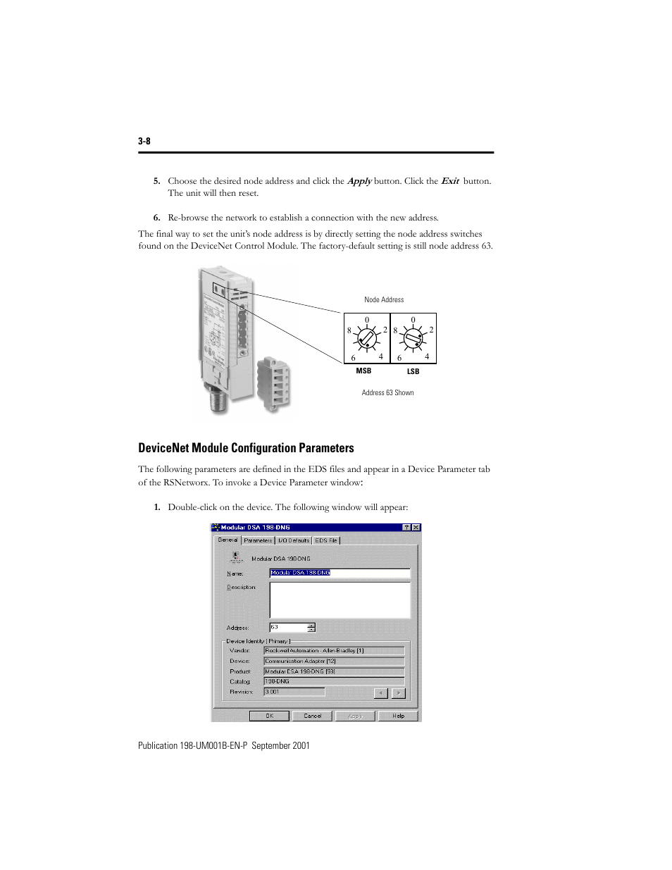 Devicenet module configuration parameters, Devicenet module configuration parameters -8 | Rockwell Automation 198x Modular DeviceNet Starter Auxiliary I/O User Manual | Page 28 / 164