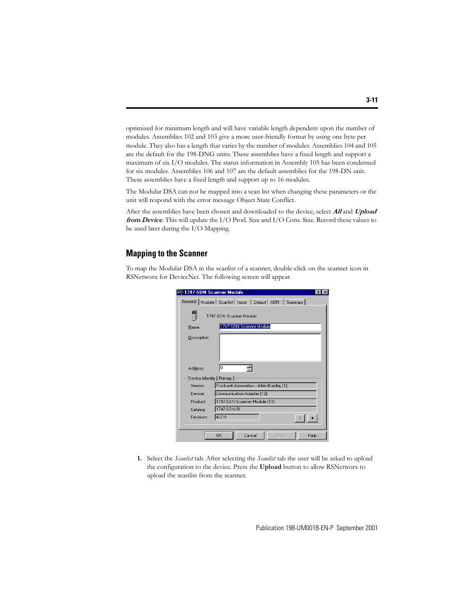 Mapping to the scanner, Mapping to the scanner -11 | Rockwell Automation 198x Modular DeviceNet Starter Auxiliary I/O User Manual | Page 31 / 164