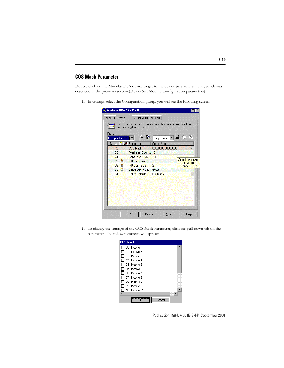 Cos mask parameter, Cos mask parameter -19 | Rockwell Automation 198x Modular DeviceNet Starter Auxiliary I/O User Manual | Page 39 / 164