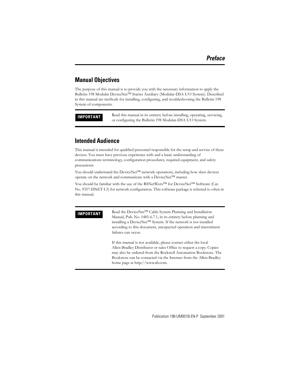 Preface, Manual objectives, Intended audience | Preface manual objectives | Rockwell Automation 198x Modular DeviceNet Starter Auxiliary I/O User Manual | Page 5 / 164