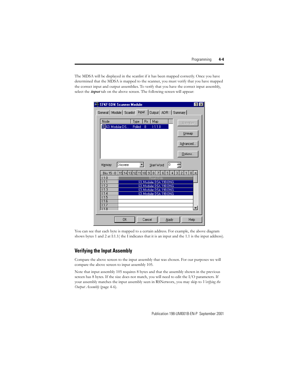 Verifying the input assembly, Verifying the input assembly -4 | Rockwell Automation 198x Modular DeviceNet Starter Auxiliary I/O User Manual | Page 57 / 164