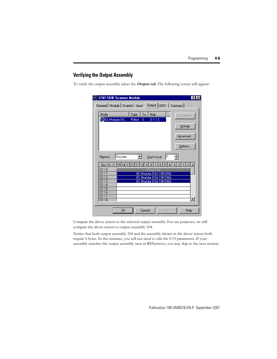 Verifying the output assembly, Verifying the output assembly -6 | Rockwell Automation 198x Modular DeviceNet Starter Auxiliary I/O User Manual | Page 59 / 164