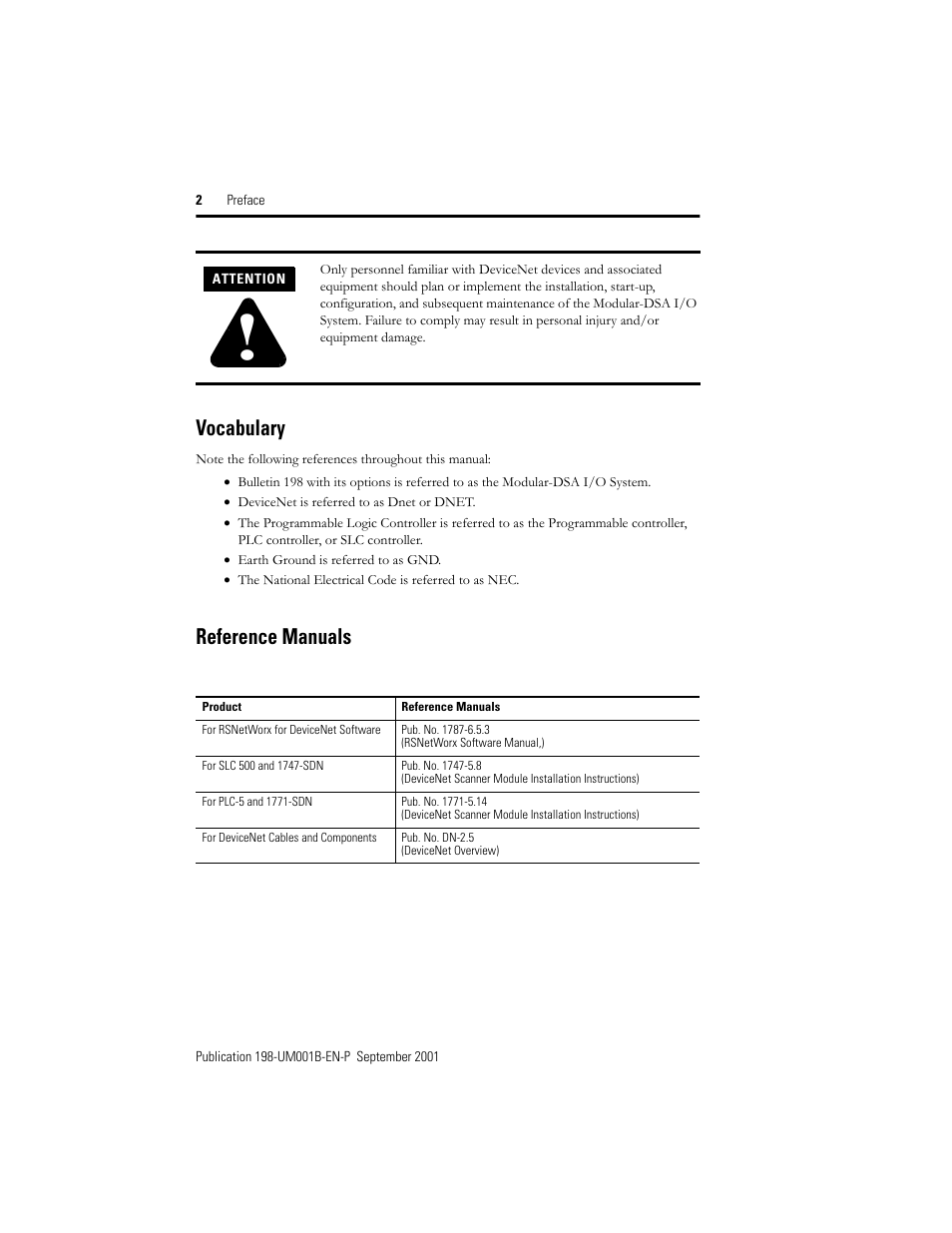 Vocabulary, Reference manuals | Rockwell Automation 198x Modular DeviceNet Starter Auxiliary I/O User Manual | Page 6 / 164