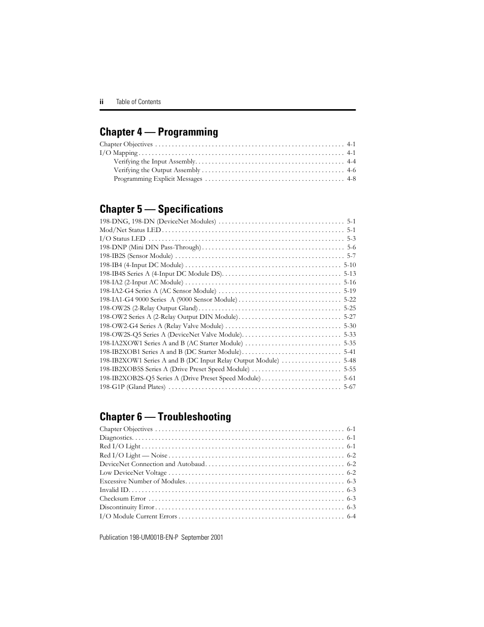 Chapter 4 — programming, Chapter 5 — specifications, Chapter 6 — troubleshooting | Rockwell Automation 198x Modular DeviceNet Starter Auxiliary I/O User Manual | Page 8 / 164