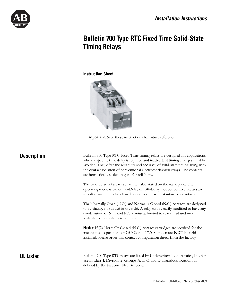 Rockwell Automation 700-RTC Type RTC Fixed Time Solid-State Timing Relays User Manual | 8 pages