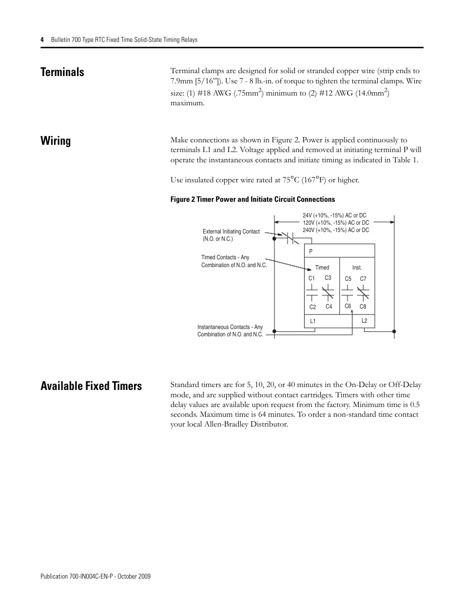 Terminals, Wiring, Available fixed timers | Rockwell Automation 700-RTC Type RTC Fixed Time Solid-State Timing Relays User Manual | Page 4 / 8
