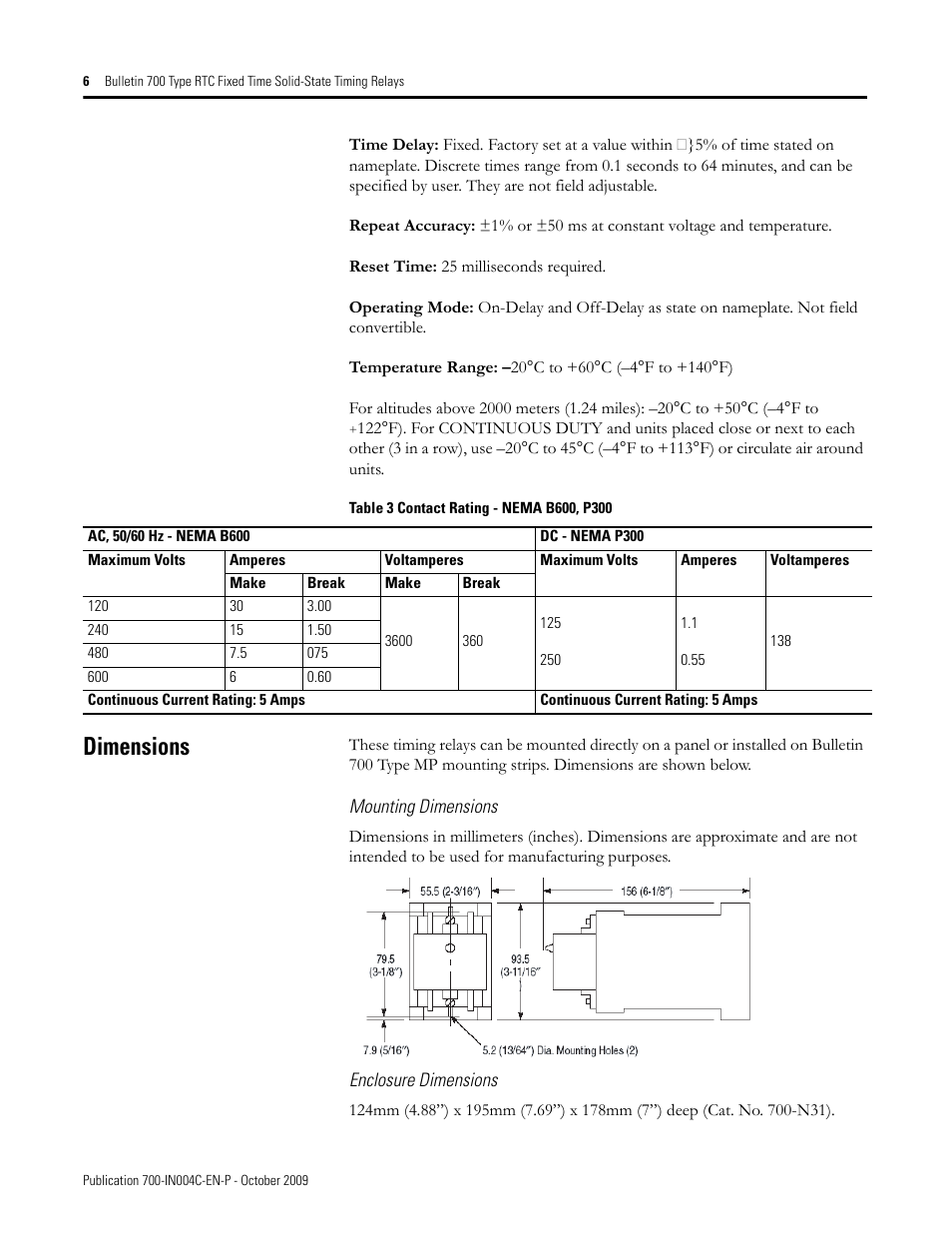 Dimensions | Rockwell Automation 700-RTC Type RTC Fixed Time Solid-State Timing Relays User Manual | Page 6 / 8