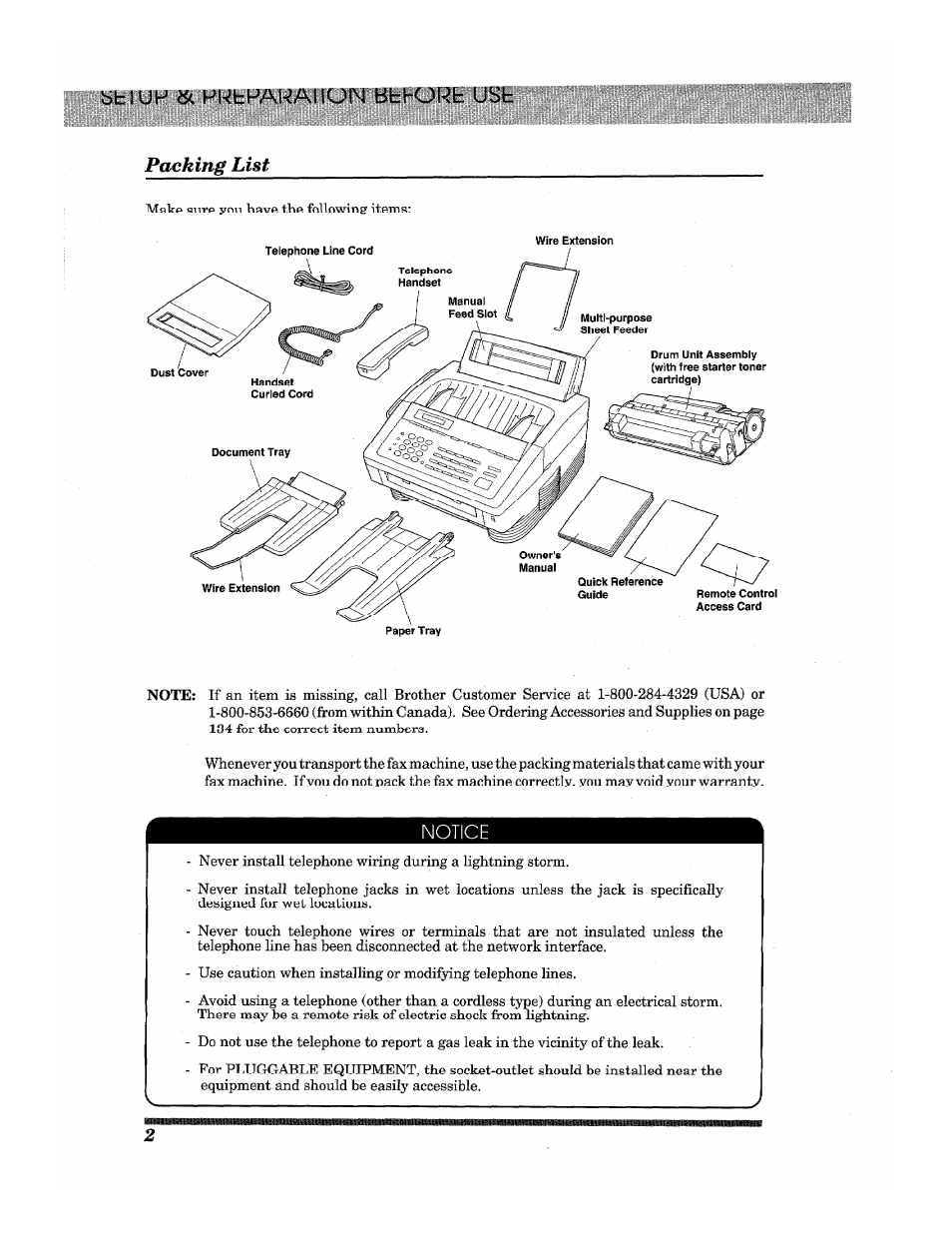Btluh ik phbhakaiiun bbhcjkb usb, Packing list | Brother INTELLIFAX 3650 User Manual | Page 10 / 144