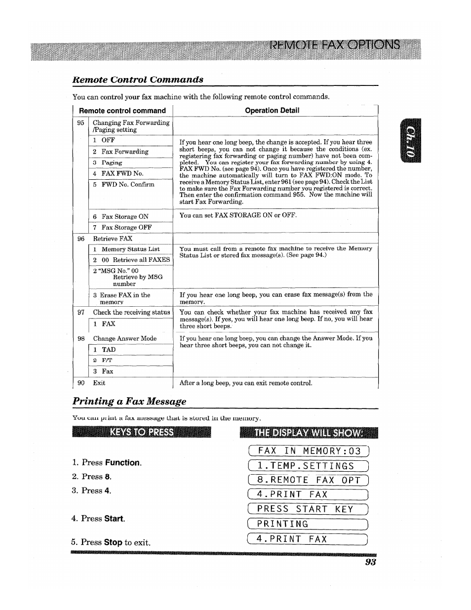 Remote control commands, Printing a fax message, L^hmote fax options remote control commands | Brother INTELLIFAX 3650 User Manual | Page 101 / 144