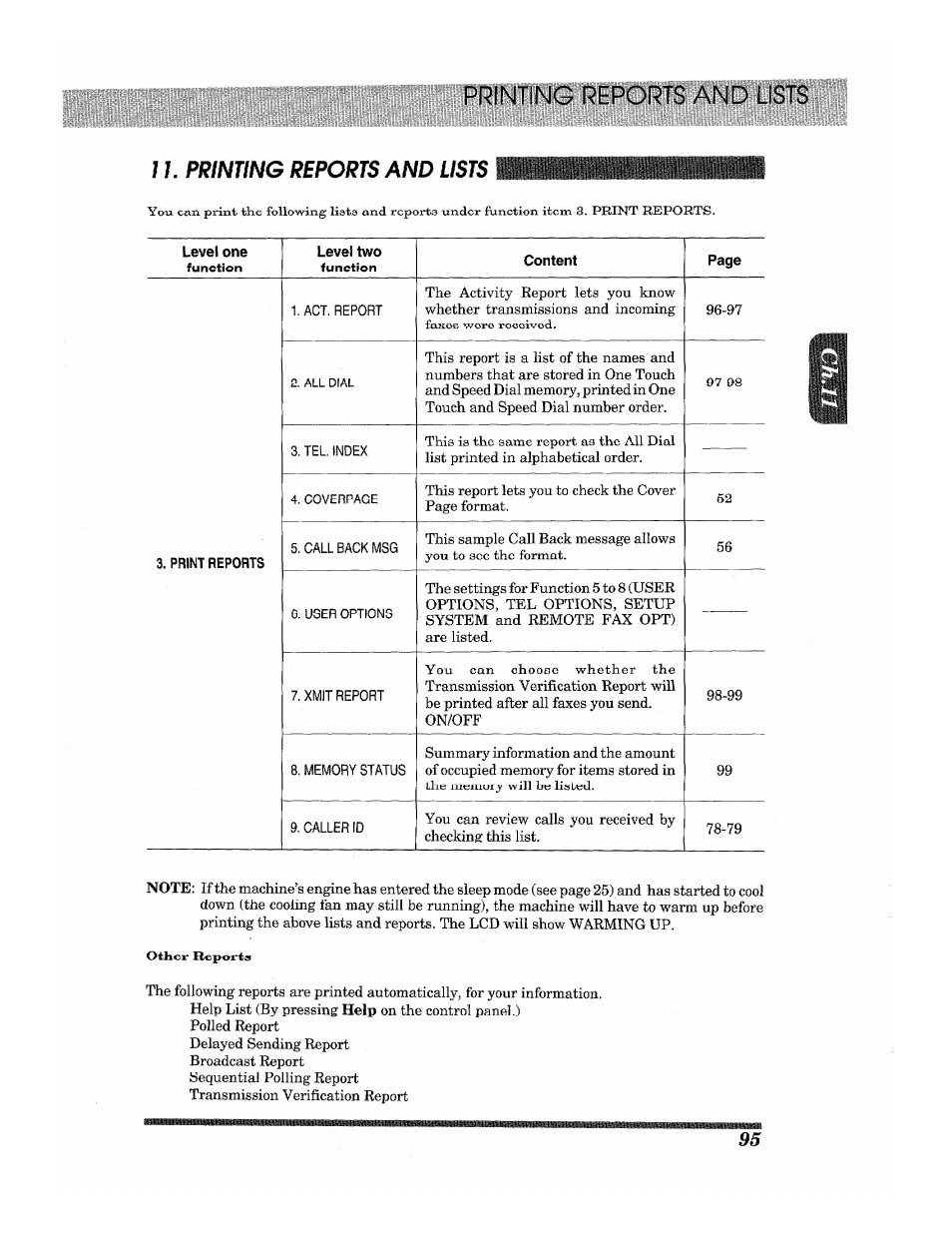 Printing reports and lists | Brother INTELLIFAX 3650 User Manual | Page 103 / 144