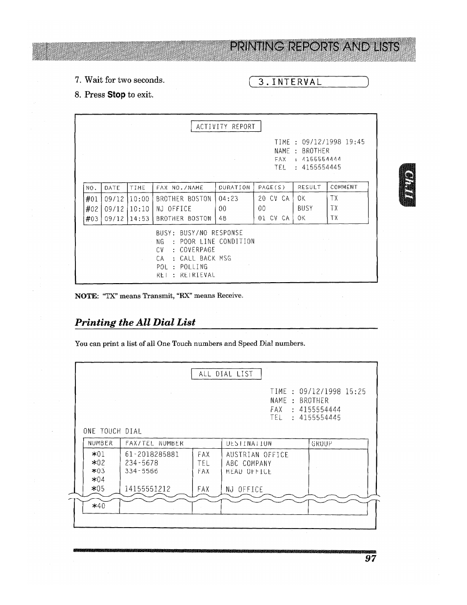 Printing the all dial hist, Printing the all dial list, Printing reports and lists | Brother INTELLIFAX 3650 User Manual | Page 105 / 144