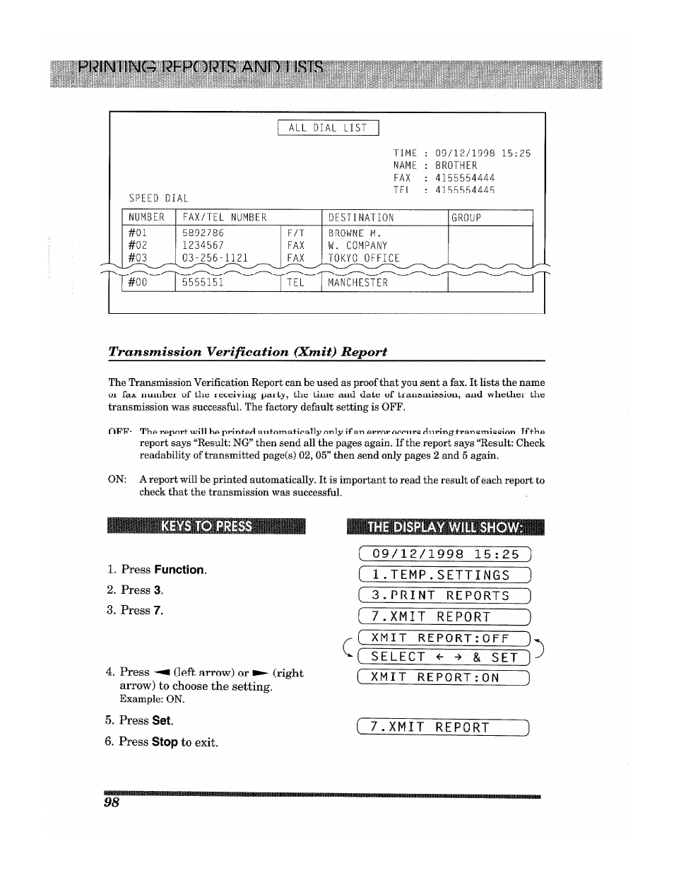 Transmission verification (xmit) report, Press function, Press 3 | Press 7, Press set, Press stop to exit, Priniing pbports and llsks | Brother INTELLIFAX 3650 User Manual | Page 106 / 144