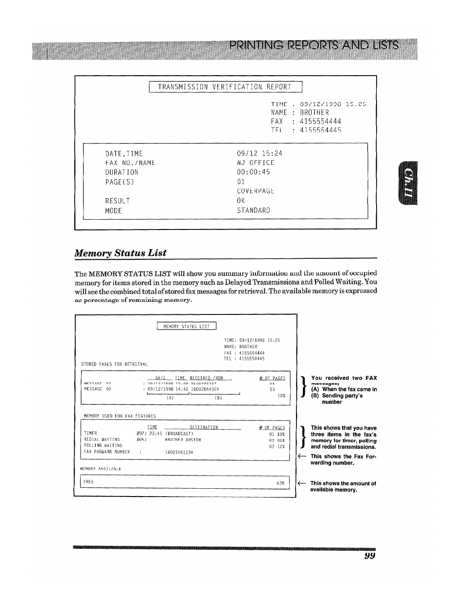 Memory status list, Printing reports and lists | Brother INTELLIFAX 3650 User Manual | Page 107 / 144