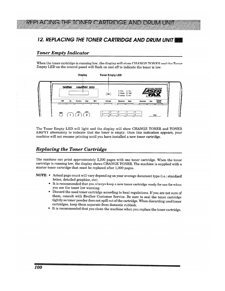 Replacing the toner cartridge and drum unit, Toner empty indicator, Replacing the toner cartridge | Brother INTELLIFAX 3650 User Manual | Page 108 / 144