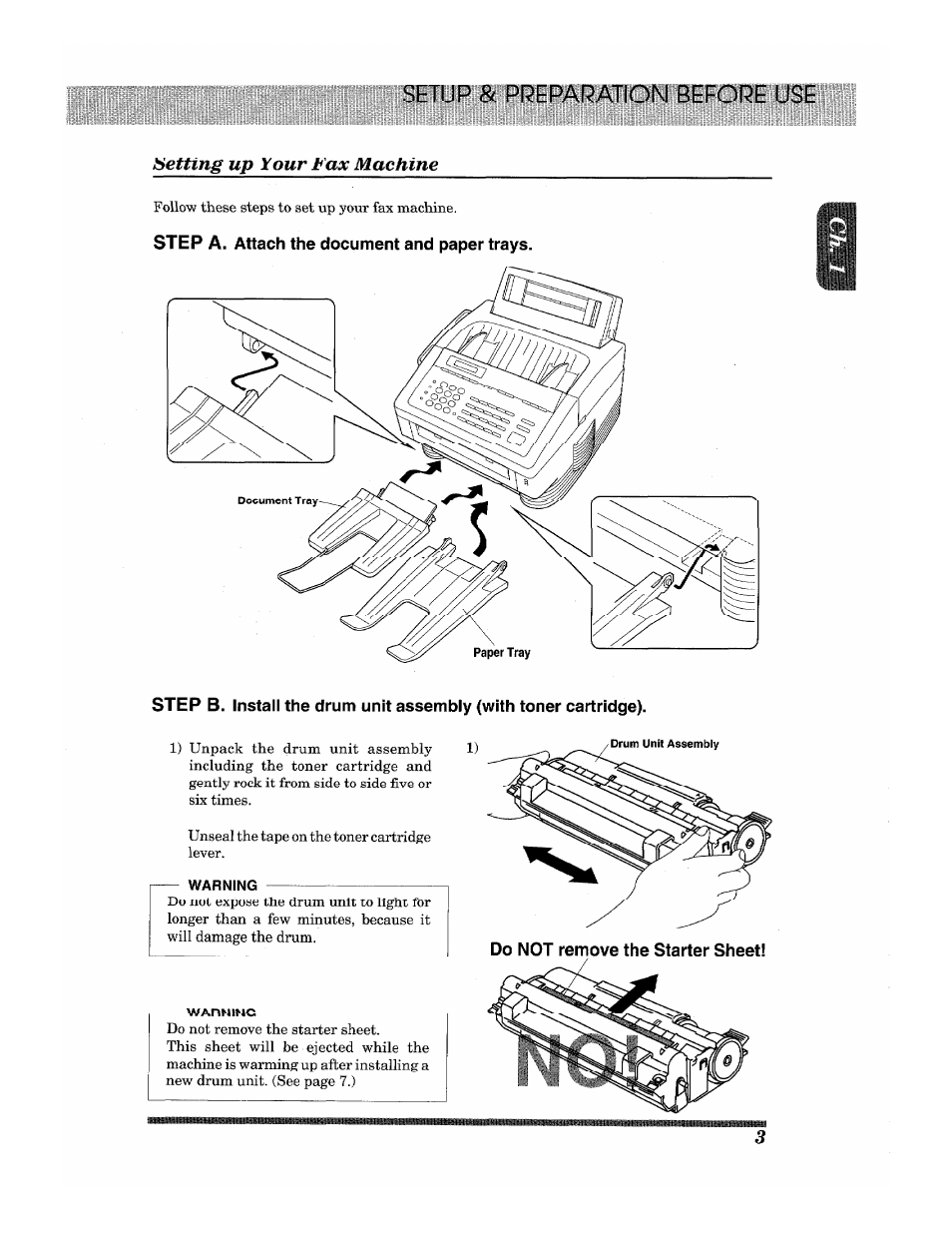 Setting up your fax machine, Step a. attach the document and paper trays, Do not remove the starter sheet | Brother INTELLIFAX 3650 User Manual | Page 11 / 144