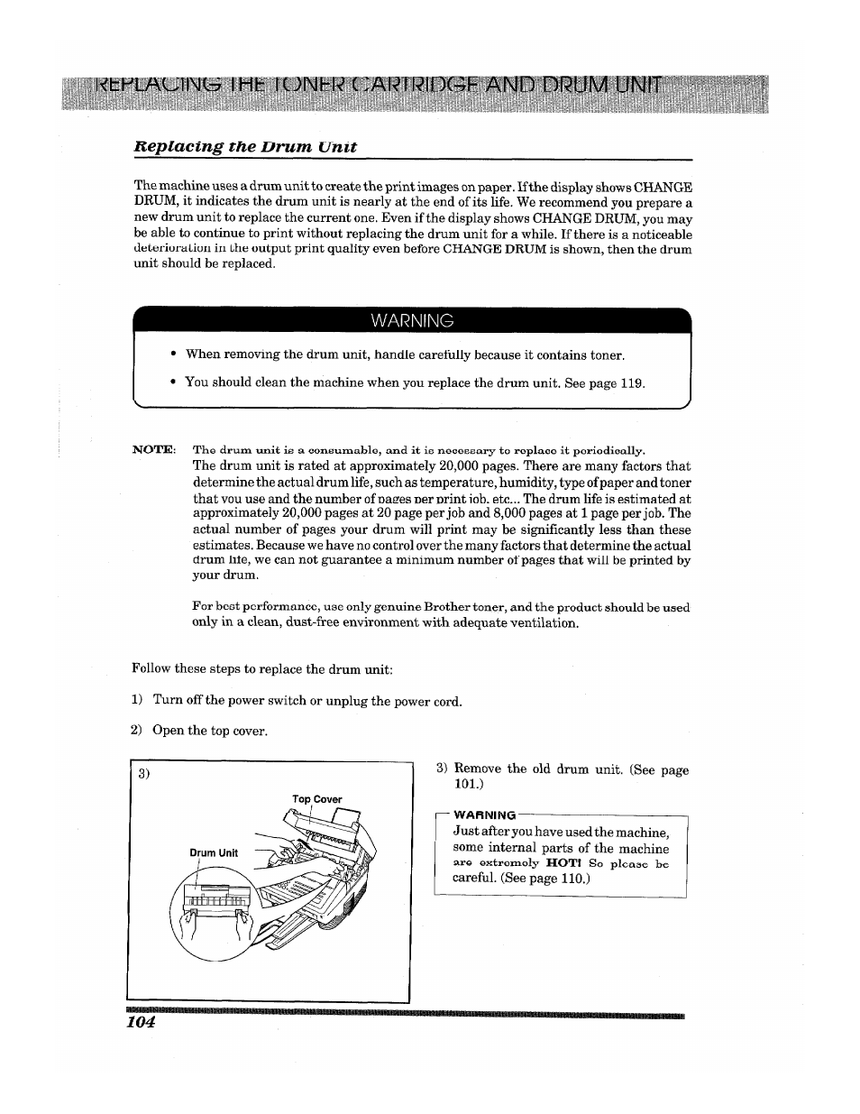 Ktmlauinb iht lunhl^ cai^ii-jdgi- and drum unit, Replacing the drum unit | Brother INTELLIFAX 3650 User Manual | Page 112 / 144
