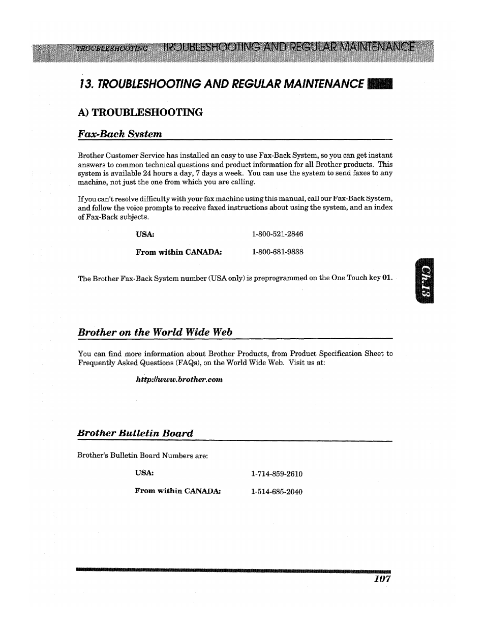 Brother on the world wide web, Brother bulletin board, Iryubltshooting amd regular maintenance | Fax-back system | Brother INTELLIFAX 3650 User Manual | Page 115 / 144